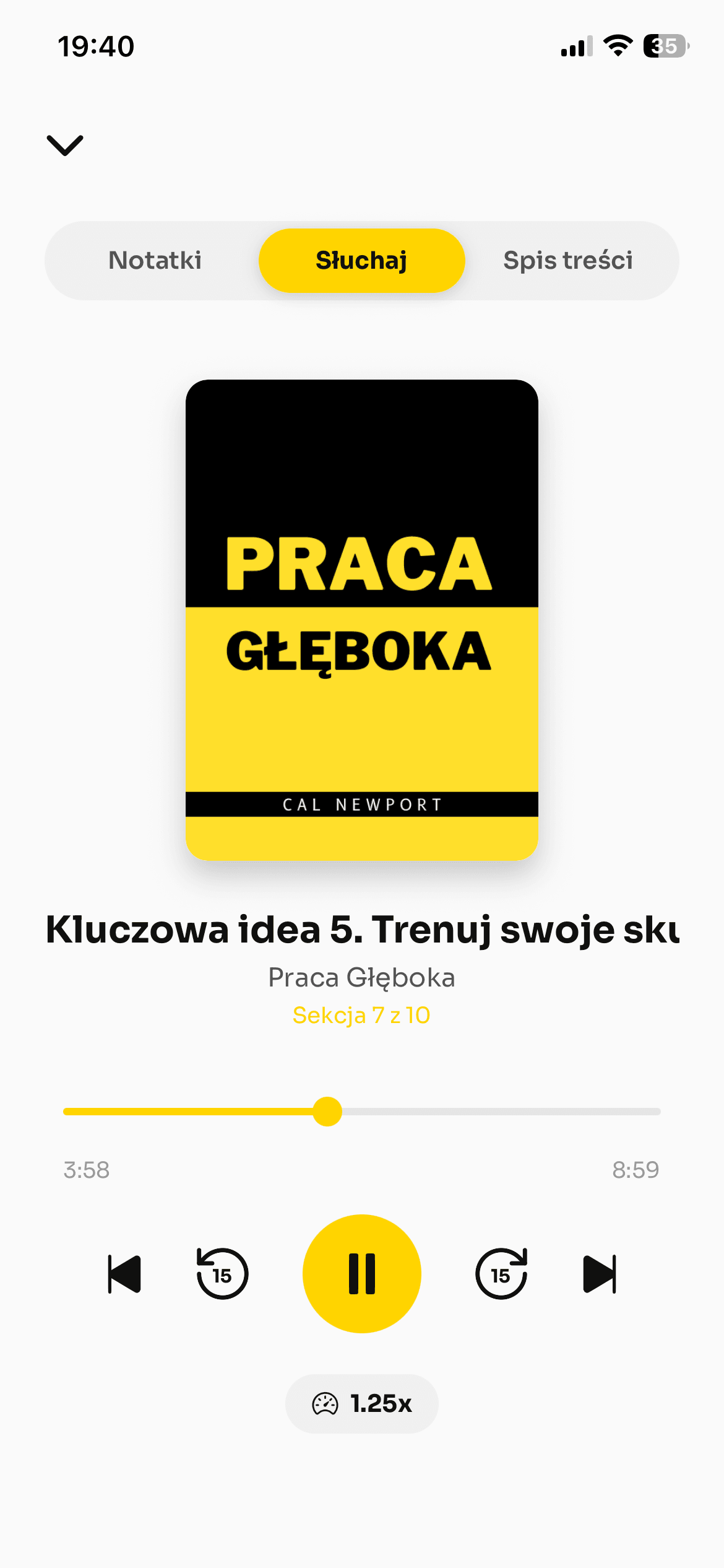 Odtwarzacz audio w aplikacji Lumeo — analiza książki Praca głęboka